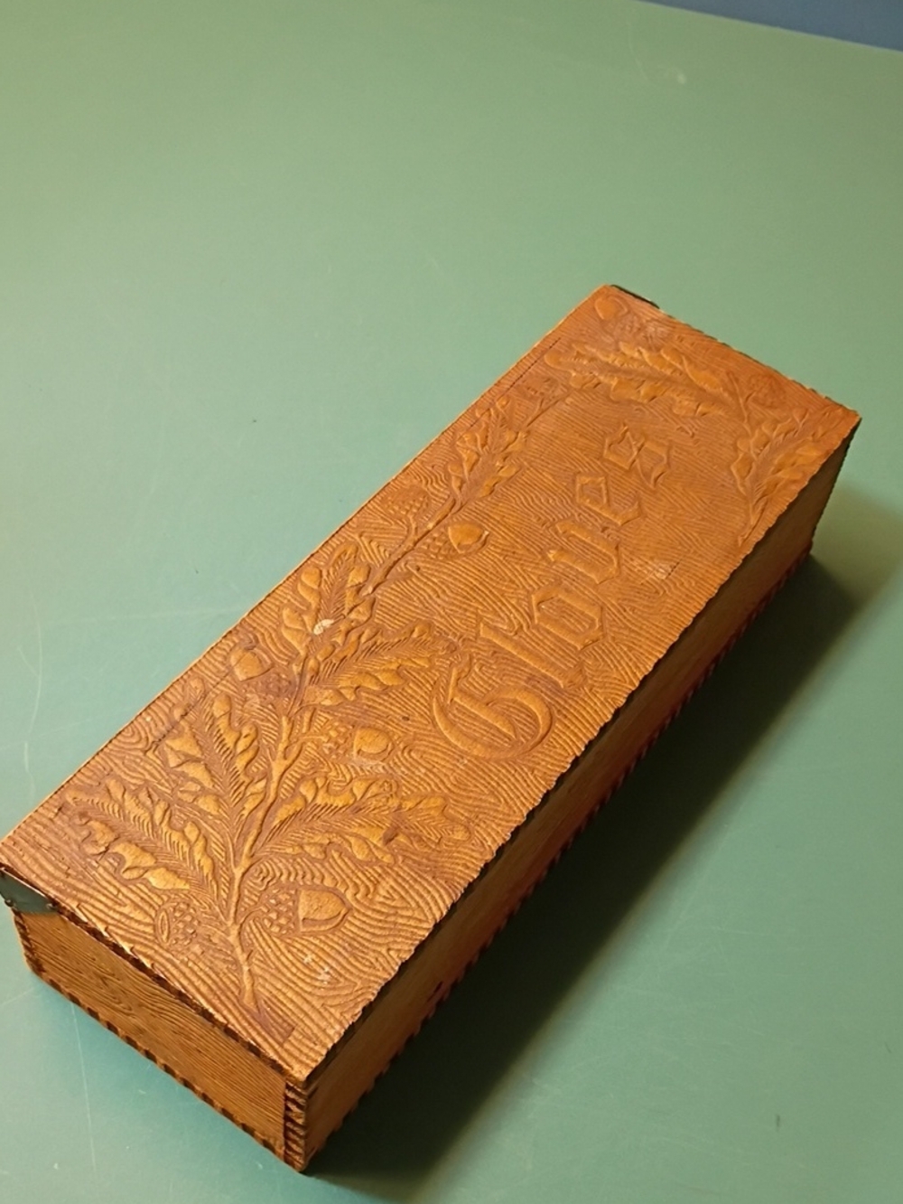 Handcrafted Carved Gloves Wooden Keepsake Box in Warm Brown
